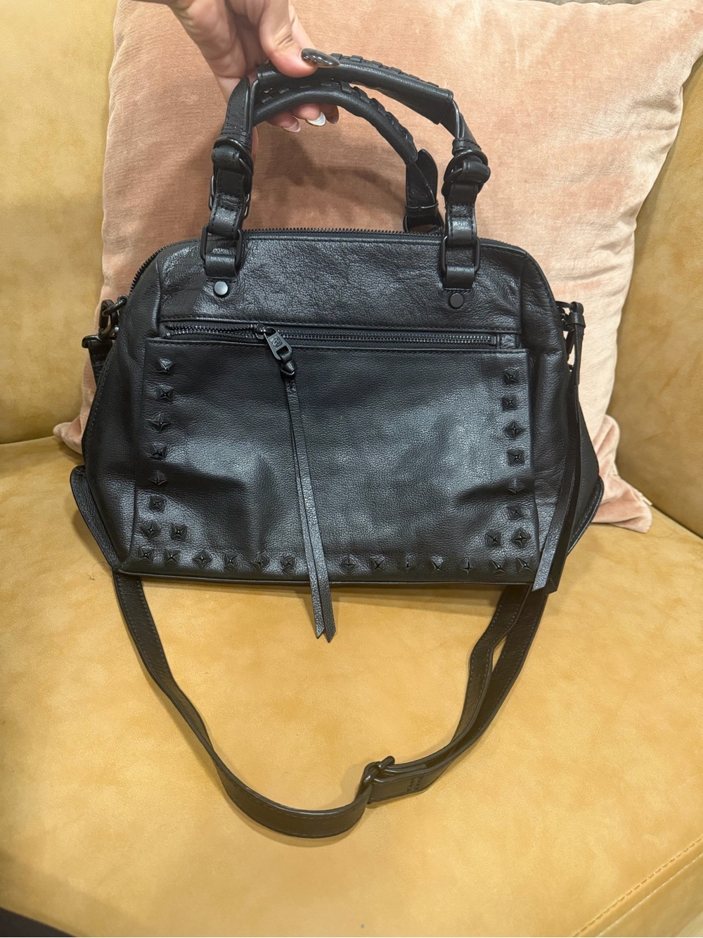 Elliott Lucca Black Leather Studded Satchel Shoulder Bag